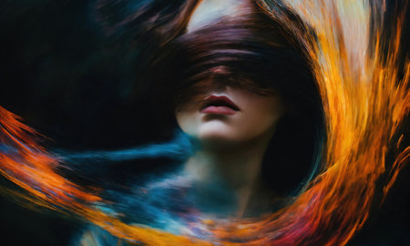 Blurry motion silhouette of a girl with long hair. ai generative.の素材