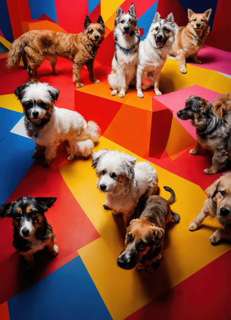 Group of dogs in a colorful wig. Selective focus. Toned. ai generative.の素材