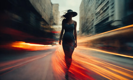 Blurry motion silhouette of a girl with long hair. ai generative.の素材