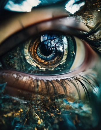 Close up shot of a beautiful woman's eye through broken glass. ai generative.の素材