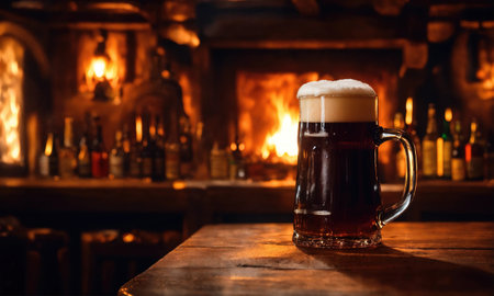Mug of beer on a wooden table in a pub or bar. ai generative.の素材
