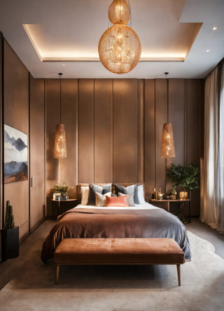 interior of classic bedroom, comfortable king size bed. ai generativeの素材