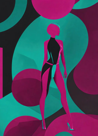 fashion photo of beautiful girl on the blue, green and purple background. ai generative.の素材