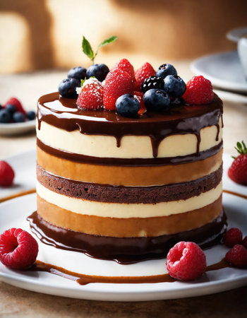 Chocolate cake with whipped cream and fresh fruits on a dark background. ai generative.の素材