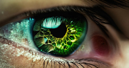 Close up shot of a beautiful woman's eye through broken glass. ai generative.の素材
