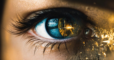 Close up shot of a beautiful woman's eye through broken glass. ai generative.の素材