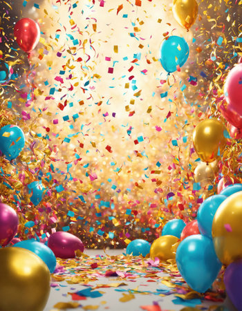 Celebration background with colorful balloons, confetti and golden ribbons. ai generative.の素材