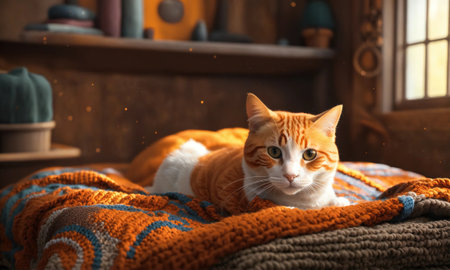 Cute ginger cat lying on the bed with a warm blanket. ai generative.の素材