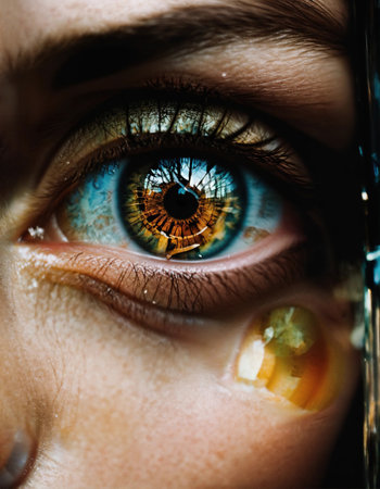 Close up shot of a beautiful woman's eye through broken glass. ai generative.の素材