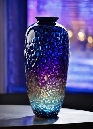 Colorful Decorative glass vase with green and blue pattern on the table. Close up. ai generative.の素材