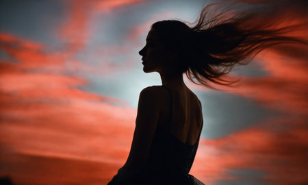 Blurry motion silhouette of a girl with long hair. ai generative.の素材