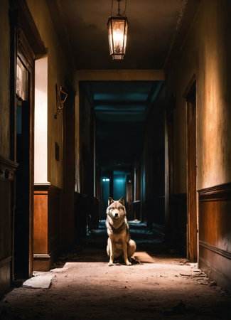 Portrait of a wolf in a dark corridor at night. ai generative.の素材
