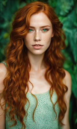 Portrait of a beautiful redhead girl with freckles on her face. ai generative.の素材
