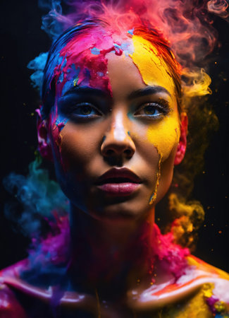 Beautiful young woman with colorfull hair in colorful smoke. ai generative.の素材