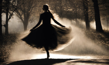 Blurry motion silhouette of a girl with long hair. ai generative.の素材