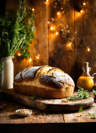 Freshly baked bread with sesame seeds on a wooden board. ai generative.の素材