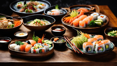 Sushi rolls with wasabi and soy sauce on a plate. ai generative.の素材