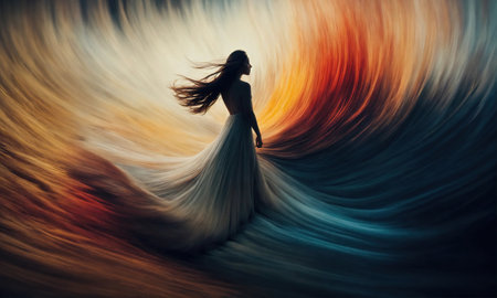 Blurry motion silhouette of a girl with long hair. ai generative.の素材