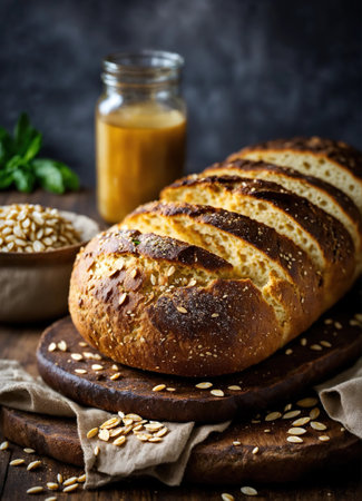 Freshly baked bread with sesame seeds on a wooden board. ai generative.の素材