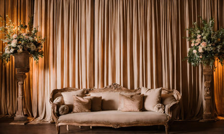 Interior of a rustic room with a beige sofa and curtains. ai generative.の素材