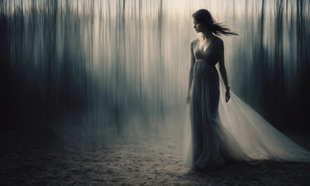 Blurry motion silhouette of a girl with long hair. ai generative.の素材