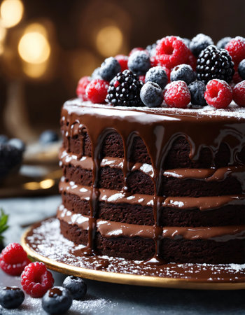 Chocolate cake with whipped cream and fresh fruits on a dark background. ai generative.の素材