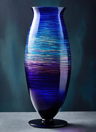 Colorful Decorative glass vase with green and blue pattern on the table. Close up. ai generative.の素材