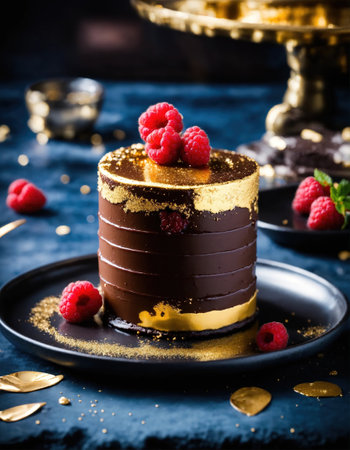 Chocolate cake with whipped cream and fresh fruits on a dark background. ai generative.の素材