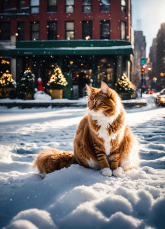 Ginger cat sitting on snow and looking at camera. Winter background. ai generative.の素材
