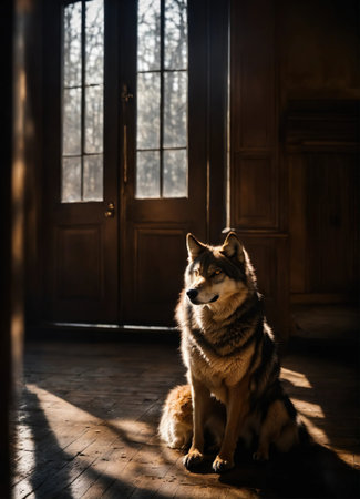Portrait of a wolf in a dark corridor at night. ai generative.の素材