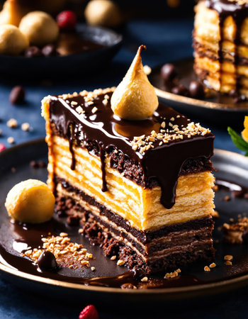 Chocolate cake with whipped cream and fresh fruits on a dark background. ai generative.の素材