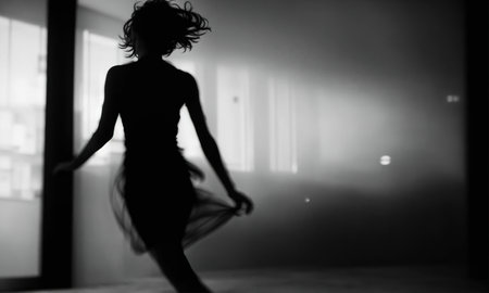 Blurry motion silhouette of a girl with long hair. ai generative.の素材