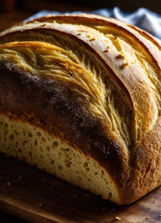 Freshly baked bread with sesame seeds on a wooden board. ai generative.の素材
