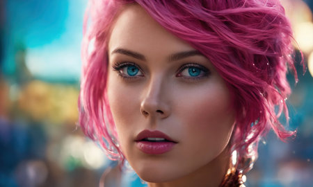 Close-up portrait of a beautiful girl with pink hair and blue eyes. ai generative.の素材