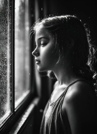 Sad young woman standing near the window in the rain. Black and white. ai generative.の素材
