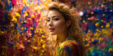 Portrait of a beautiful young brunette woman in a luxury dress with bright make-up. ai generative.の素材