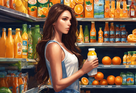 The beautiful woman is looking at the shelves to buy something from the supermarket. ai generative.の素材