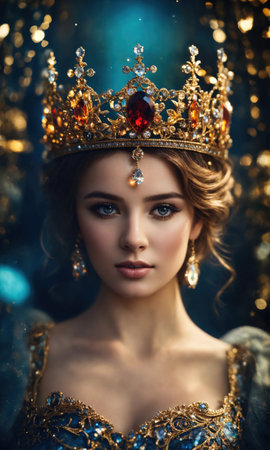 Portrait of beautiful young woman in crown. Luxury makeup and hairstyle. ai generative.の素材