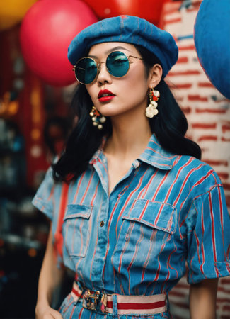 Fashion portrait of young beautiful asian woman with short hairstyle and sunglasses in a stylish dress. ai generative.の素材