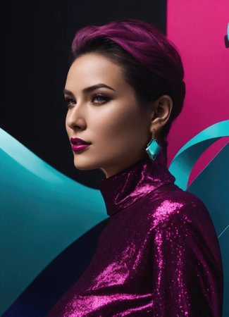 fashion photo of beautiful girl on the blue, green and purple background. ai generative.の素材