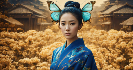 Fashion portrait of beautiful young woman with bright make-up, flowers and butterfly. ai generative.の素材