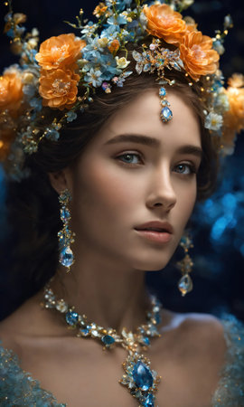 Portrait of beautiful young woman in crown. Luxury makeup and hairstyle. ai generative.の素材