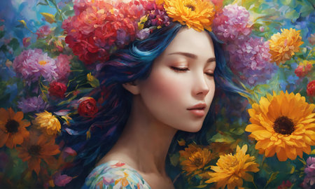 Portrait of beautiful woman with flower wreath on her head. ai generative.の素材