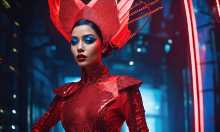 Futuristic woman with red hair in futuristic costume. ai generative.の素材