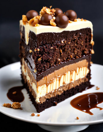 Chocolate cake with whipped cream and fresh fruits on a dark background. ai generative.の素材