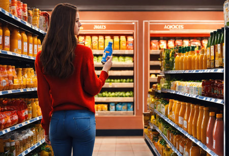 The beautiful woman is looking at the shelves to buy something from the supermarket. ai generative.の素材