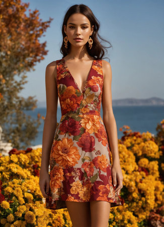 Fashionable evening orange summer dress on a mannequin. ai generative. ai generative.の素材
