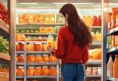 The beautiful woman is looking at the shelves to buy something from the supermarket. ai generative.の素材