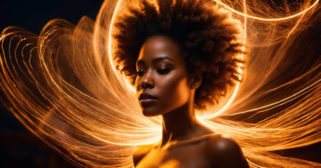 Beautiful african american woman with afro hairstyle and outlined in light. ai generative.の素材