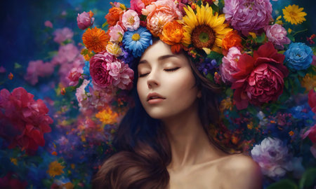 Portrait of beautiful woman with flower wreath on her head. ai generative.の素材